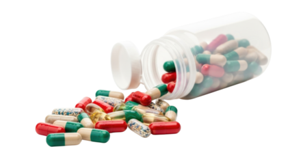 Pills and Capsules Spilling out of a Bottle cutout isolated on transparent bg, png