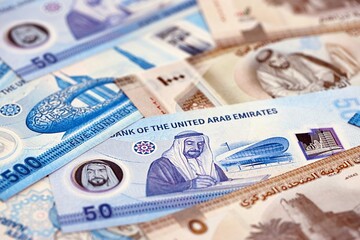 United Arab Emirates dirham currency money bills. The current banknotes lies on table in big amount