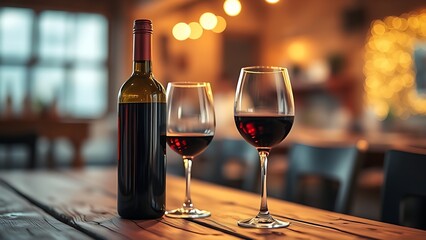Red wine bottle and glasses on a rustic wooden table, surrounded by warm ambient lighting.
