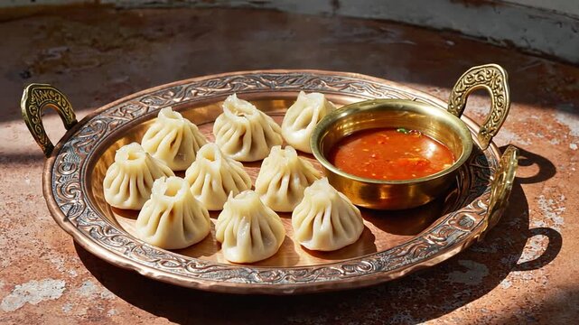 paneer steam momo nepalese traditional dish with warm tones background
