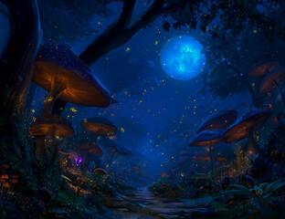 Fototapeta premium Enchanting fantasy forest at night with glowing mushrooms and a full moon