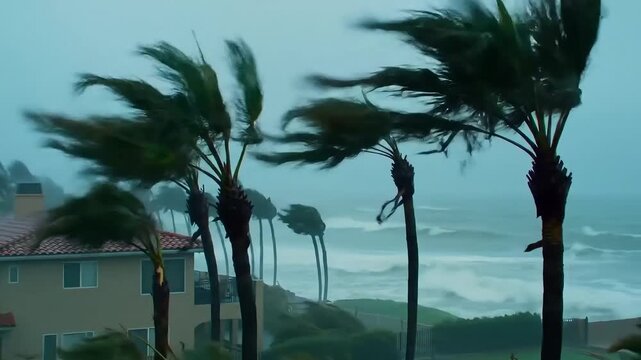 Powerful hurricane winds battering palm trees and coastline property during tropical storm season