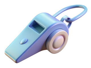 Blue plastic whistle close up sport referee equipment safety tool sound instrument 3d illustration isolated on transparent background