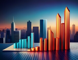 3d bar chart showing real estate market growth with modern city skyline background