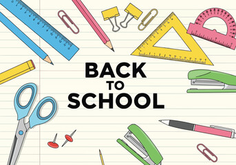 Back to school stationery flat lay with scissors, rulers, pencils, and pens