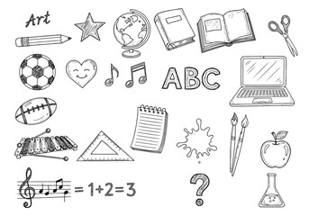 Collection of school and art supplies in a handdrawn sketch style