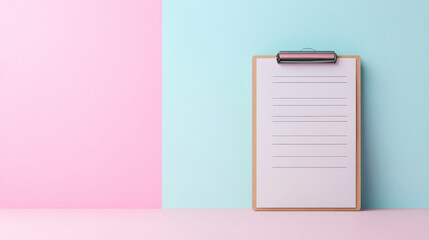 Clipboard with blank lined paper stands against pastel pink and blue background, creating calm and organized workspace feel