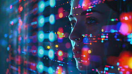 Visionary woman engages with vibrant digital data, embodying the future concepts of AI and technological innovation.