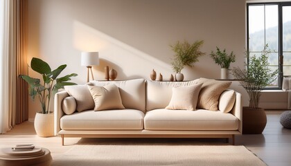 Fototapeta premium close up of a cream colored sofa in a cozy living space