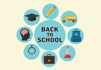 Back to school concept with various educational icons arranged in a circular pattern on a light background
