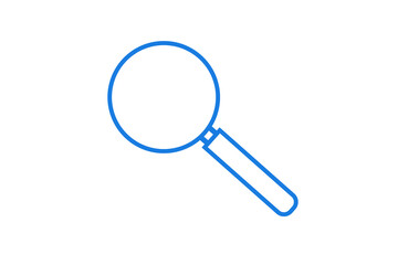 Blue outlined magnifying glass on a white background, representing search, find, and analysis.