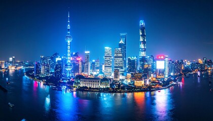 Fototapeta premium Brightly lit skyscrapers with vibrant colors, showcasing a modern cityscape.