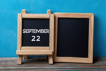 Two chalkboards one displays SEPTEMBER 22 the other is blank Both are on a distressed wooden surface against a blue wall