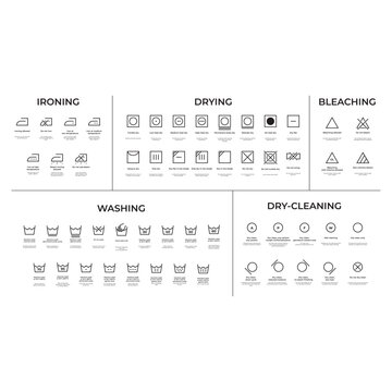 Laundry care instructions icons collection washing ironing bleaching drying symbols