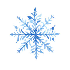 Watercolor blue snowflake illustration isolated on white background