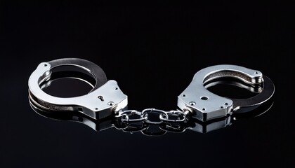 Obraz premium a close up shot of metal handcuffs connected by a chain on a black isolated background studio shot