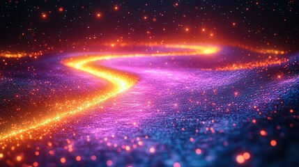 Glowing Pathway with Swirling Neon Lights and Sparkling Particles in Dark Background 