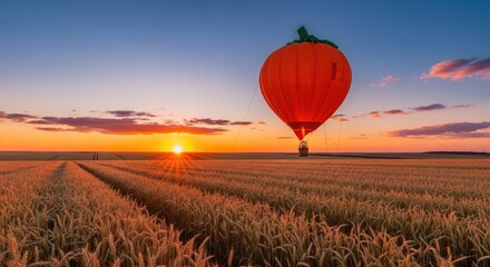 Obraz premium A hot air balloon shaped like a tomato floats over a wheat field at sunset with a clear blue sky