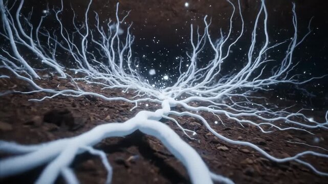 Mycelium Network: Underground Fungal Growth - Close-up view of a vibrant mycelium network, showcasing the intricate structure of fungal hyphae spreading through soil.