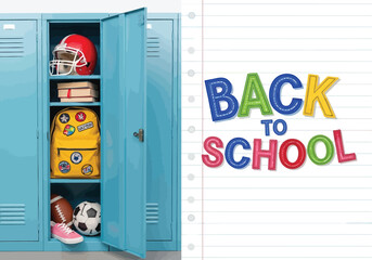 Open blue school lockers with back to school text and supplies