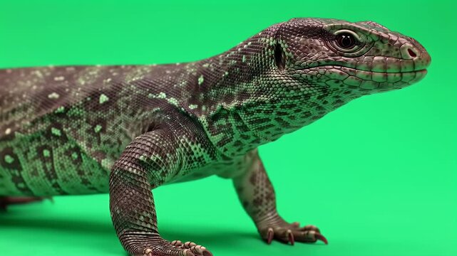 Close-up Profile of an Argentine Black and White Tegu Lizard Against a Bright Green Chroma Key Background, Highlighting Its Unique Scaly Texture an...