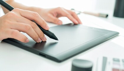 Close-up of fingers interacting with a touchscreen tablet in bright lighting.