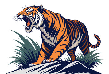 Roaring Tiger Illustration on Rock Dynamic Wildlife Artwork.