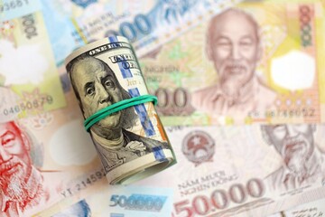 Vietnamese dong currency money bills and bunch of us dollar banknotes. The concept of economics and currency exchange