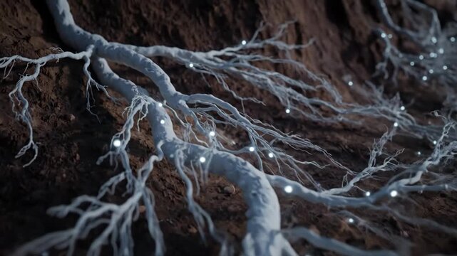 Glowing Mycelium Network - Close-up view of a glowing mycelium network, showcasing its intricate root system distributing nutrients underground.