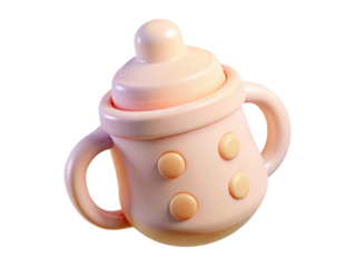 Cute pink baby bottle with handles isolated against a background for baby themed projects 3d illustration isolated on transparent background