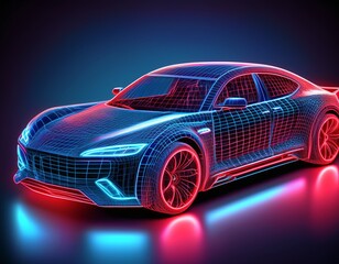 3d wireframe digital concept of a luxury car with neon outlines futuristic vehicle design with red and blue neon wireframe on a digital backdrop high tech digital blueprint of a modern car