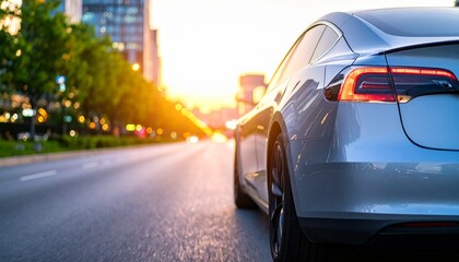 Electric car on an urban highway surrounded by skyscrapers during golden hour.