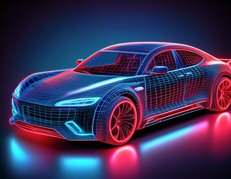 3d wireframe digital concept of a luxury car with neon outlines futuristic vehicle design with red and blue neon wireframe on a digital backdrop high tech digital blueprint of a modern car
