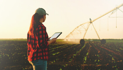 A female farmer uses a tablet to check the irrigation system.