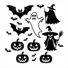 Fototapeta premium Vector art of halloween silhouettes with pumpkins, bats, ghosts and witches
