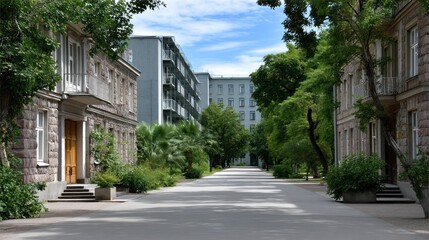 Parkway between light gray buildings, shaded by trees
