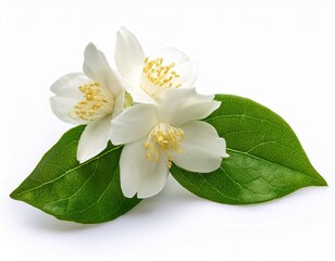 Fototapeta premium closeup of fresh jasminum sambac flowers with green leaves on a white background