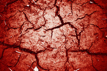 Closeup of red cracked earth suitable for climate change, drought, environmental issues, water scarcity, and global warming concepts.