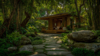 Modern bamboo pavilion surrounded by lush greenery and a stone pathway, tranquil garden setting, eco-friendly architecture.