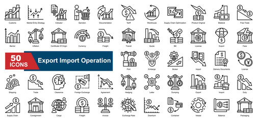 A collection of line style Export Import Operation icons. Includes customs, market entry, tariffs, documentation, export, import, shipping, and more. Perfect for presentations, reports.