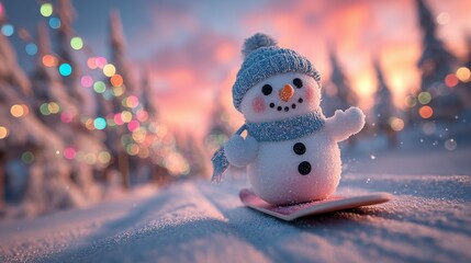 Obraz premium Happy Snowman Sledding in a Snowy Pine Forest with Christmas Lights at Sunset