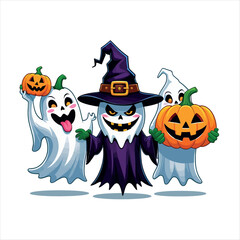 Vector art of cartoon halloween ghosts with pumpkins illustration