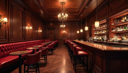 Elegant bar interior features dark wood paneling, plush red leather seating, warm brass lighting. Polished bar vast selection of liquor bottles. Offers luxurious, classic, cozy atmosphere for drinks,