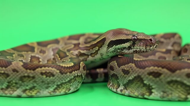 Burmese Python Snake Detailed Close-up on Vivid Green Screen Chroma Key Background for Easy Compositing
