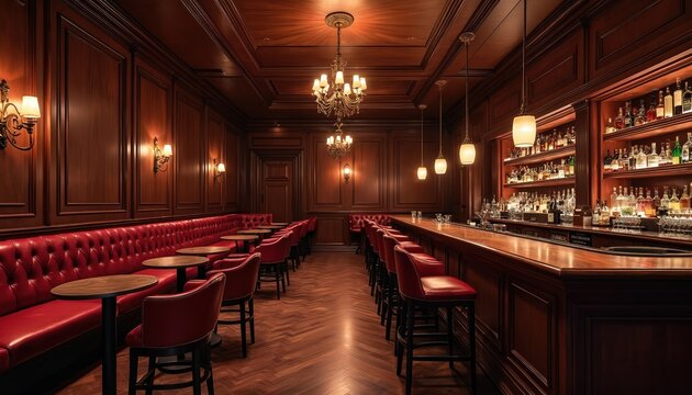 Elegant bar interior features dark wood paneling, plush red leather seating, warm brass lighting. Polished bar vast selection of liquor bottles. Offers luxurious, classic, cozy atmosphere for drinks,