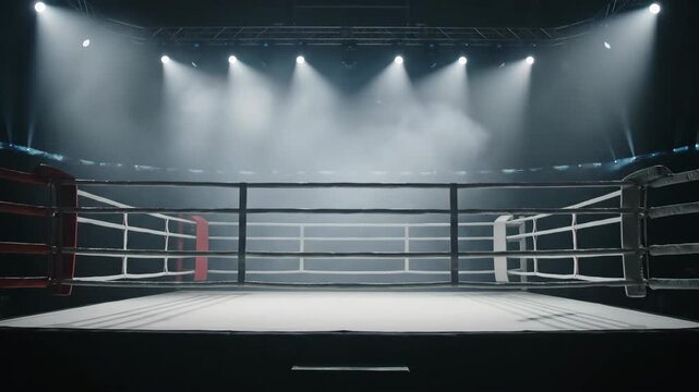 Empty Boxing Ring with Spotlights - An empty professional boxing ring is shown under dramatic spotlights in a smoky arena.