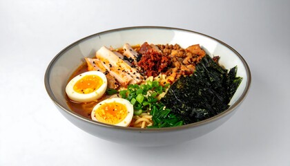 Close-up of a Delicious Bowl of Ramen with Pork, Egg, and Seaweed