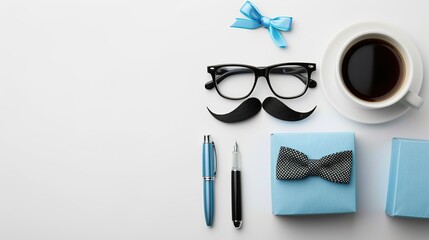 Minimalist Father’s Day Top View Concept with Glasses Mustache and Tie