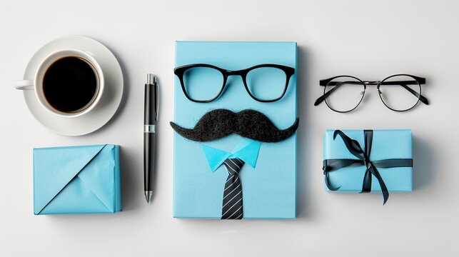 Creative Top View Father’s Day Background with Necktie Glasses and Mustache