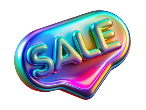 Iridescent metallic sale text on glossy tag shaped bubble design 3d illustration isolated on transparent background